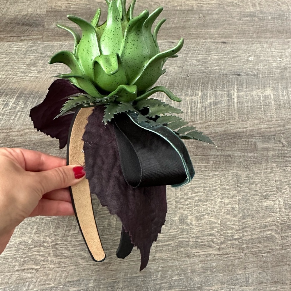 Handmade Designer Fascinator Headband Black Green Purple Thistle Artichoke Bow - Picture 11 of 16